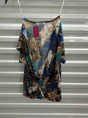 a'gaci Blue Teal & Gold Baroque Wrap-Front Blouse